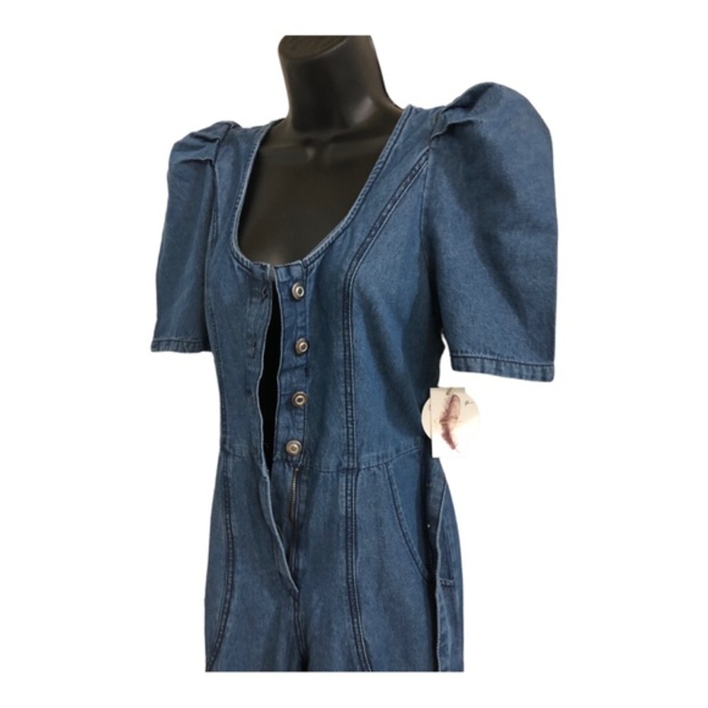 Jessica Simpson blue jeans denim puff sleeve adjustable hem jumpsuit size XS new - Picture 6 of 16